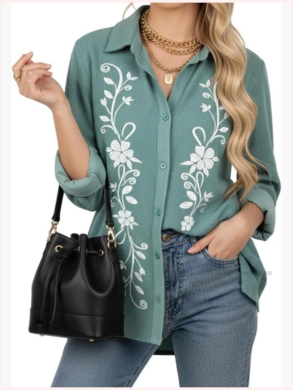 Oversized Floral Corduroy Button Down Shirt Blouse Long Sleeve